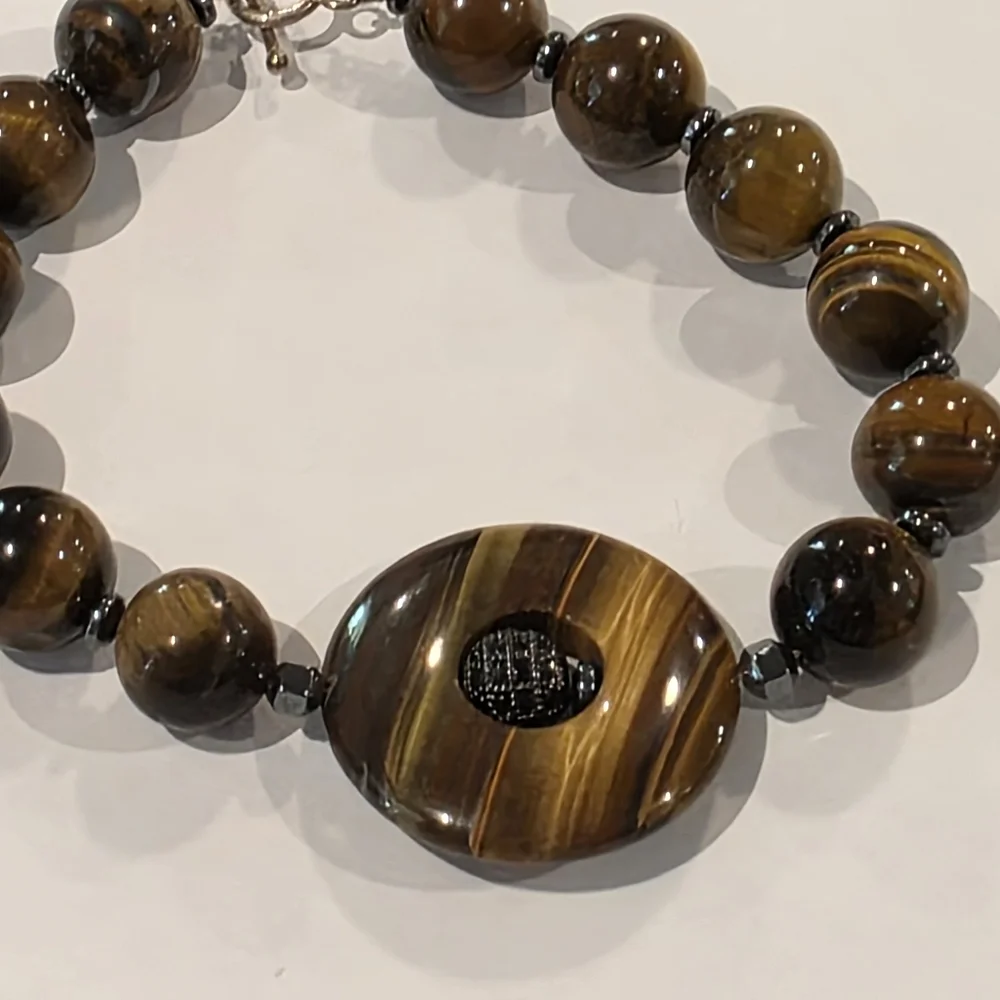Tiger Eye Stone Beaded Bracelet with Round Centerpiece‎ Statement Jewelry